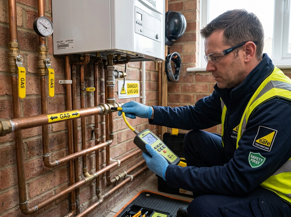 Technician testing gas appliance line joints with a digital combustible gas sniffer probe meter