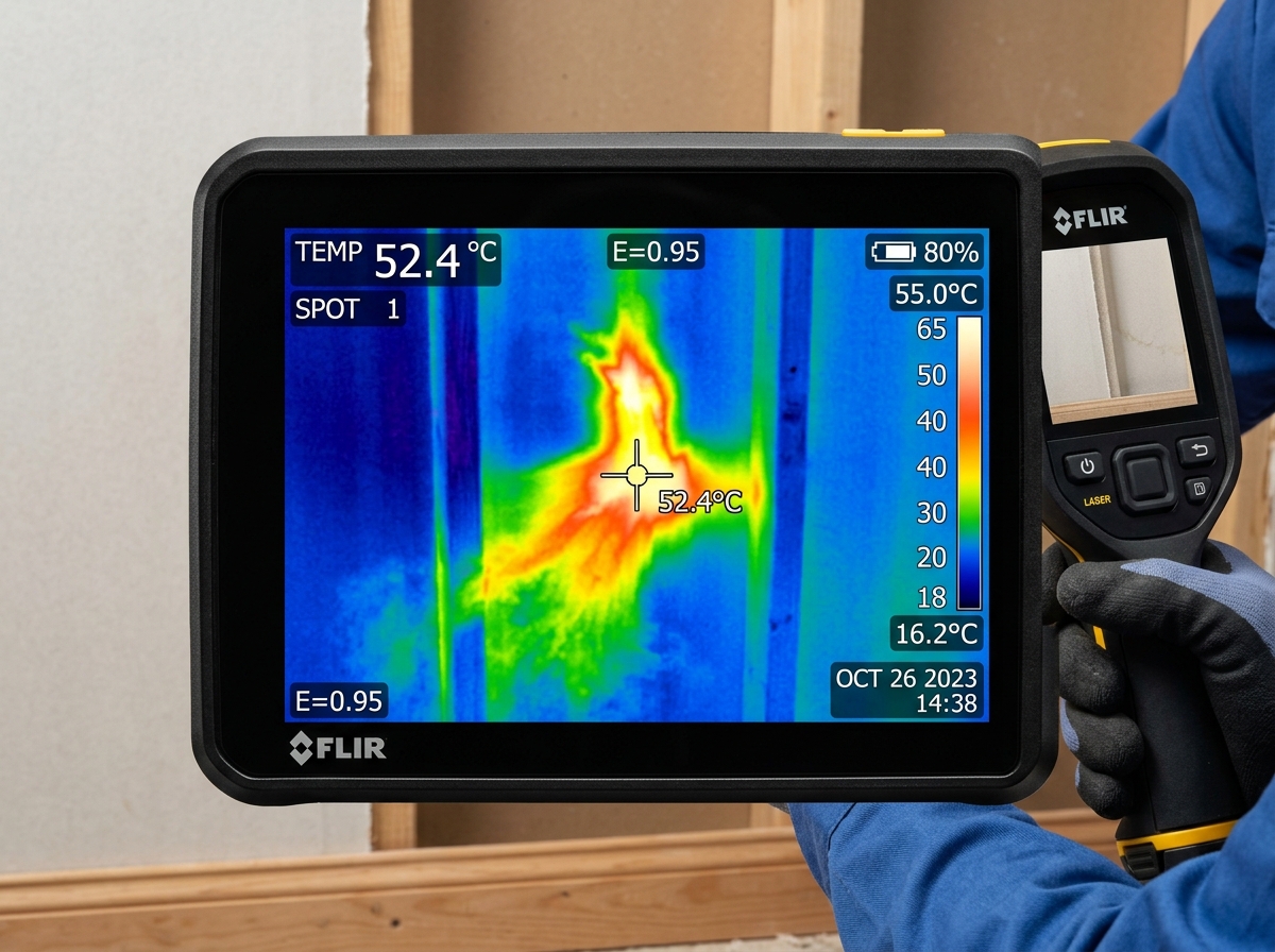 FLIR infrared thermal imaging screen displaying vibrant heat signature of hot water slab leak